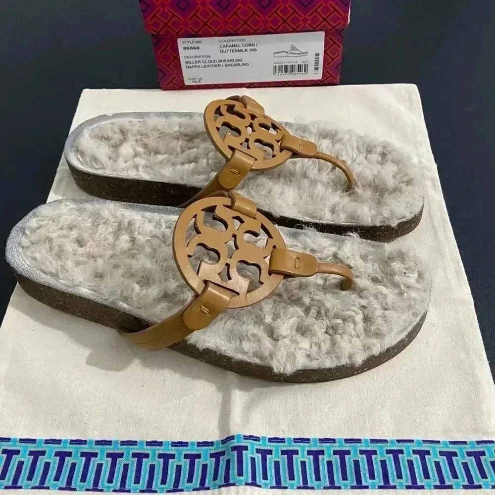 Tory Burch Miller Sandals Size 10.5 Leather Cloud Shearling Neutral Box Dust Bag - Picture 8 of 13